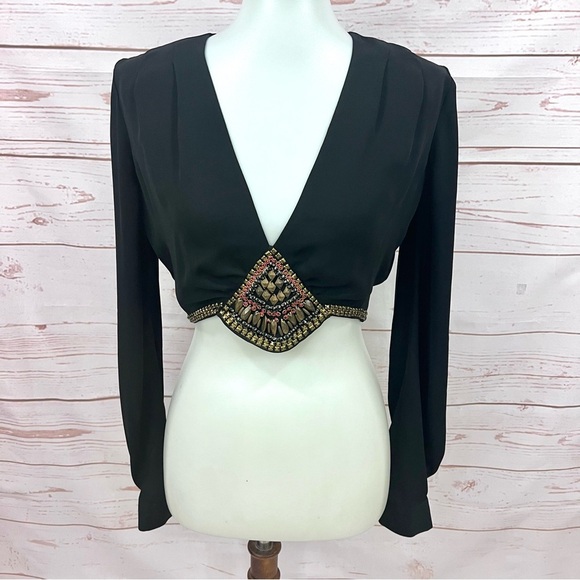 Bebe Boho Long Puffy Sleeved Black Beaded Embellished Crop Top - Picture 2 of 13